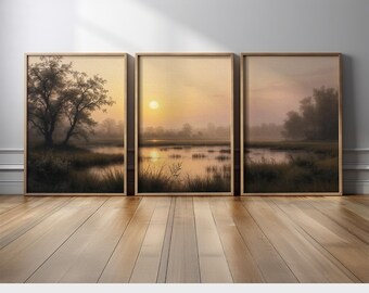 Rustic Landscape Wall Art Set of 3 | Golden Sunrise Over Trees and Lake Triptych Canvas Prints