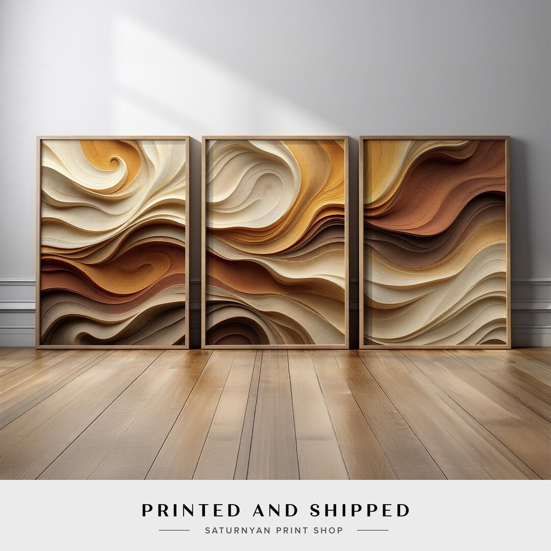 Abstract Flowing Wave Wall Art Set of 3 | Neutral Beige & Brown Poster ...