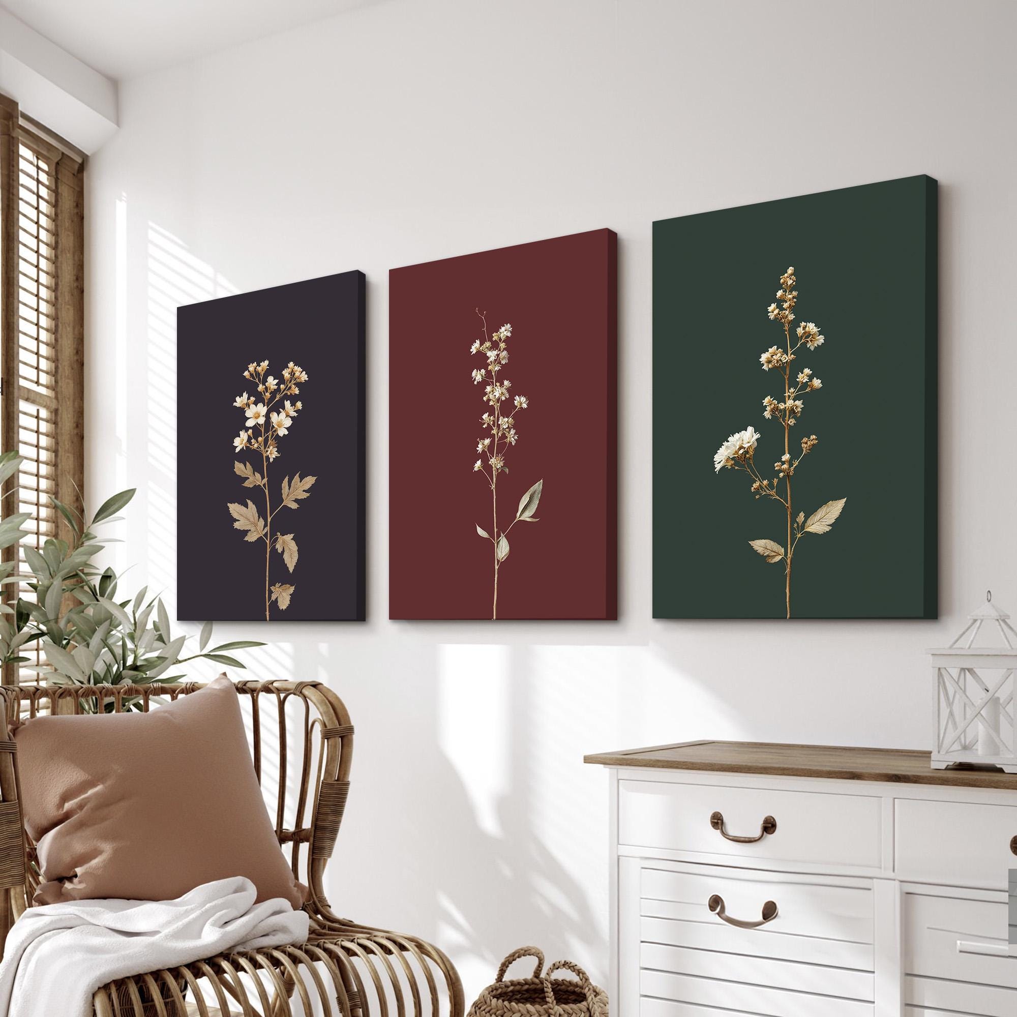 Botanical Wall Art Set of 3 | Dark Elegant Floral Burgundy, Green ...