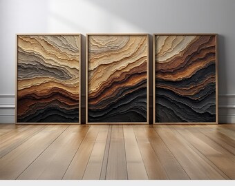 Rustic Terrain Inspired Abstract Triptych | Earth Neutral Tone Canvas Prints | Modern Topographic Wall Art Set in Brown & Black