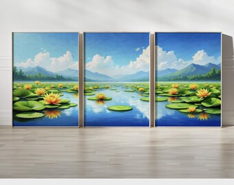 3 Piece Water Lily Canvas Wall Art | Serene Lotus Pond Scene with Mountains and Reflections | Calm Nature Triptych for Spa, or Bedroom Decor