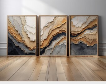 Earth Layer Abstract Triptych | Beige, Sand & Charcoal Geology Wall Art Prints | Landscape Canvas Set for Modern Boho or Japandi Interiors