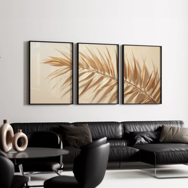 Neutral Palm Leaf Triptych Wall Art | Beige Botanical Leaf Canvas Set ...