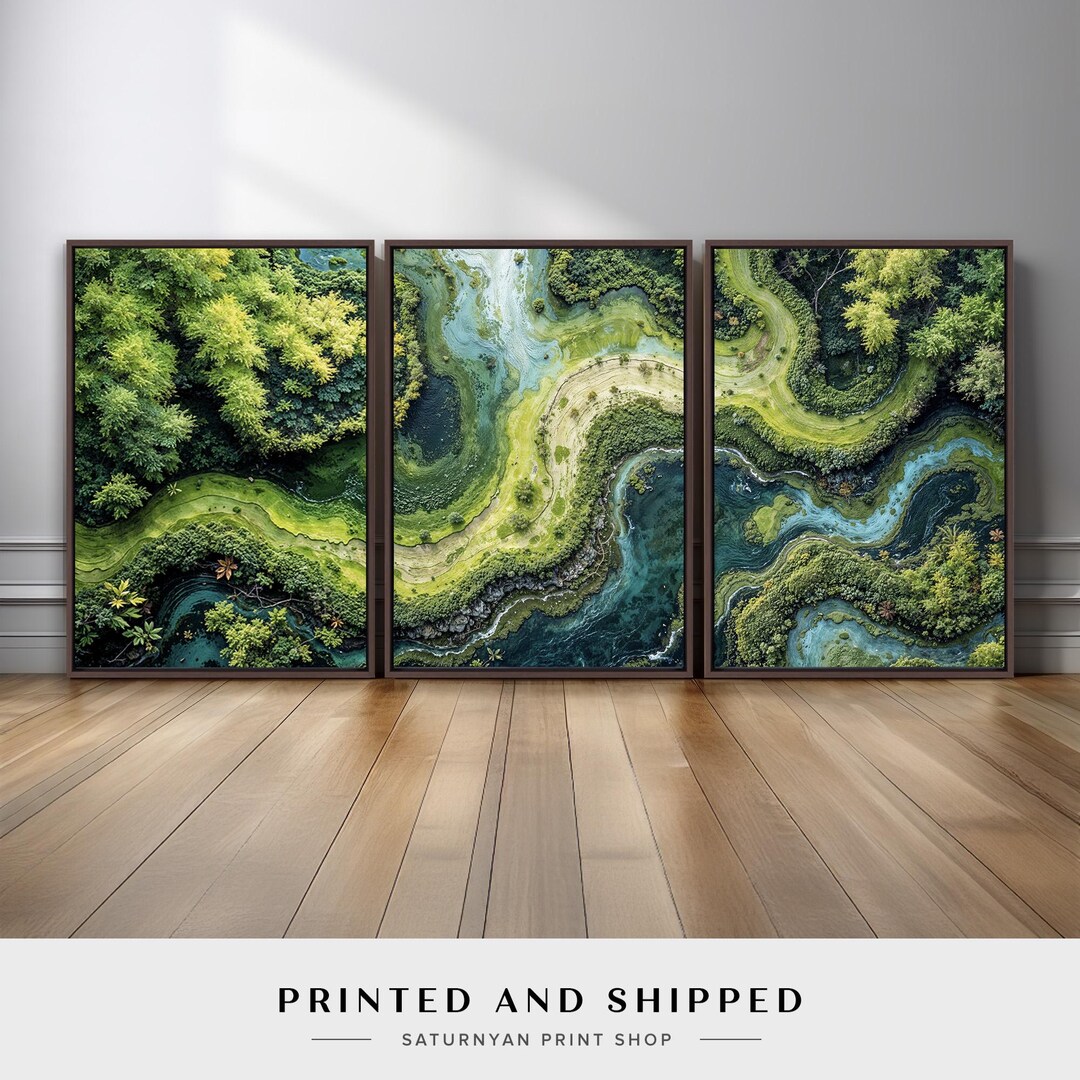 Aerial River Landscape Wall Art Set of 3 | Lush Green Forest Triptych ...