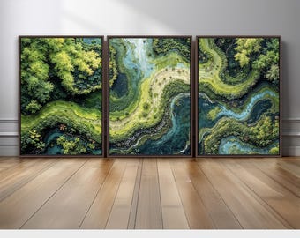 Aerial River Landscape Wall Art Set of 3 | Lush Green Forest Triptych with Flowing Water and Nature | Modern Botanical Canvas Prints