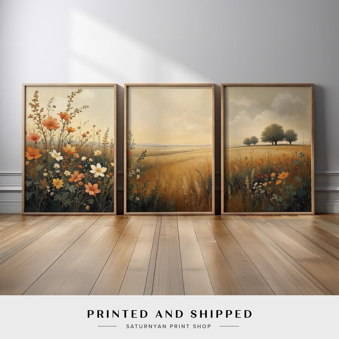 Wildflower Rustic Landscape Wall Art Set of 3 | Neutral Meadow ...
