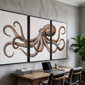 May include: A triptych wall art set featuring a large brown octopus with detailed suction cups on its tentacles, segmented into three separate white-background panels framed in black, displayed horizontally above a wooden desk.