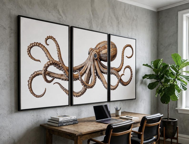 May include: A triptych wall art set featuring a large brown octopus with detailed suction cups on its tentacles, segmented into three separate white-background panels framed in black, displayed horizontally above a wooden desk.