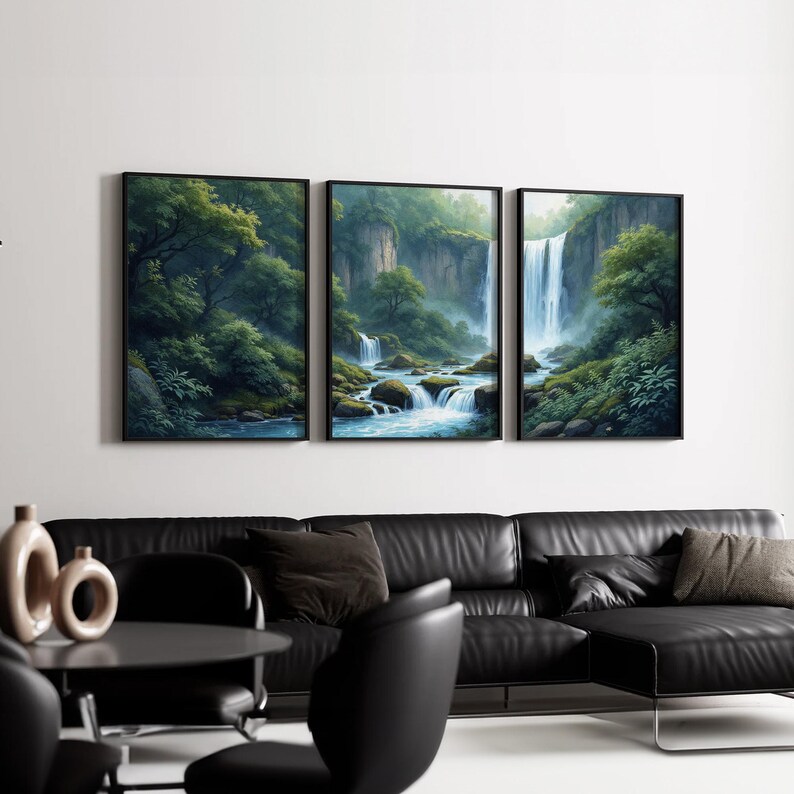 Waterfall Landscape Wall Art Set of 3 | Serene Forest River and Lush ...