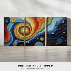 Vibrant Cosmic Swirl Abstract Wall Art | Set of 3 Colorful Wave Canvas Prints  | Large Modern Artwork for Contemporary Home Decoration