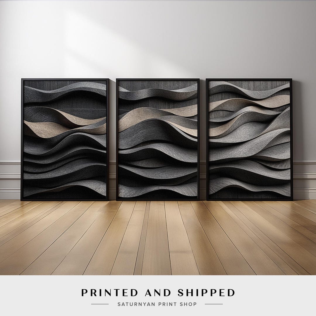 Modern Abstract Wall Art Set of 3 | Dark Neutral Black and Beige ...
