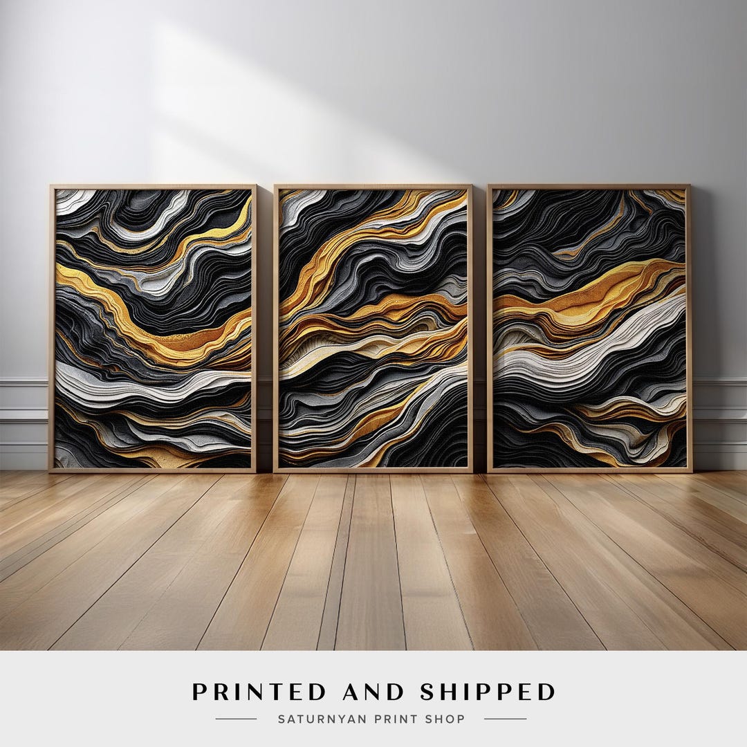 Black and Gold Wall Art Set of 3 | Luxury Abstract Triptych With ...