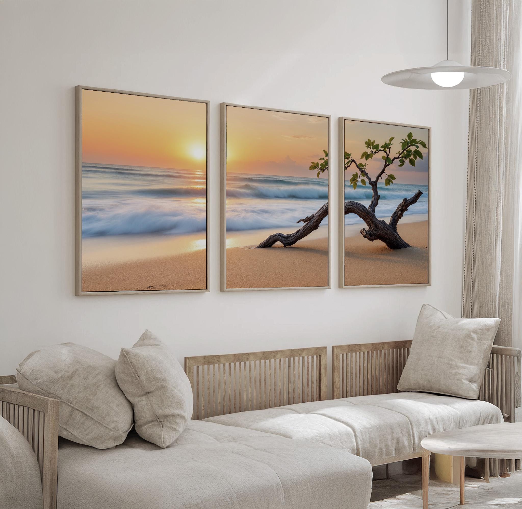 Beach Coastal Sunset Wall Art Set of 3 | Ocean With Tree, Golden Hour ...