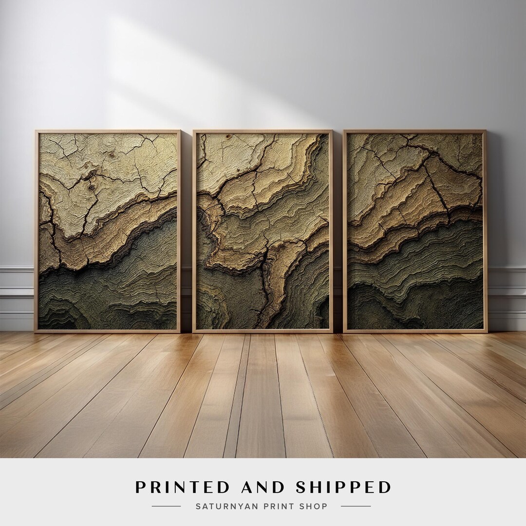 Rustic Cracked Soil Wall Art | Organic Earth Layers Abstract Triptych ...