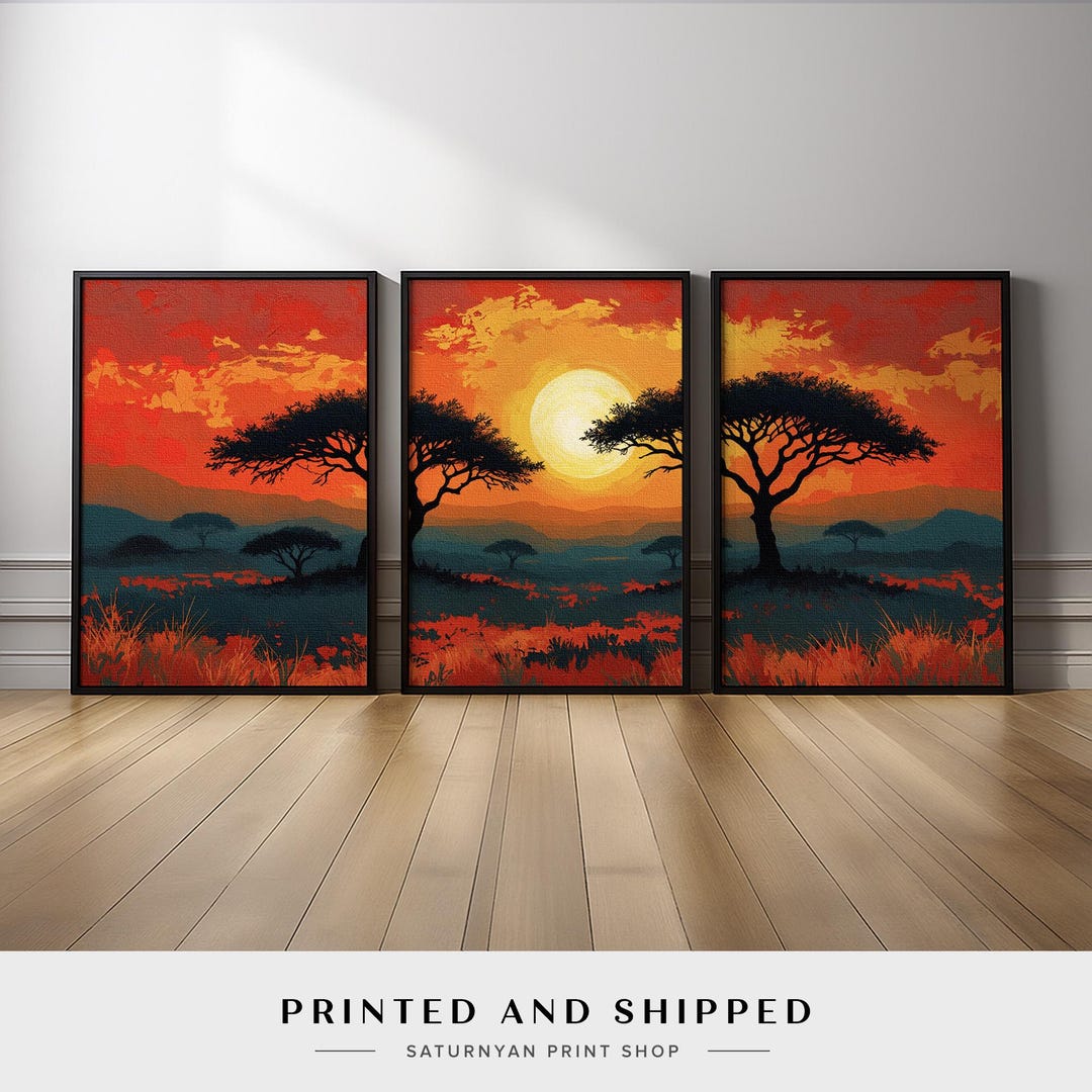 African Sunset Wall Art Set of 3 | Safari Savanna Landscape Nature ...