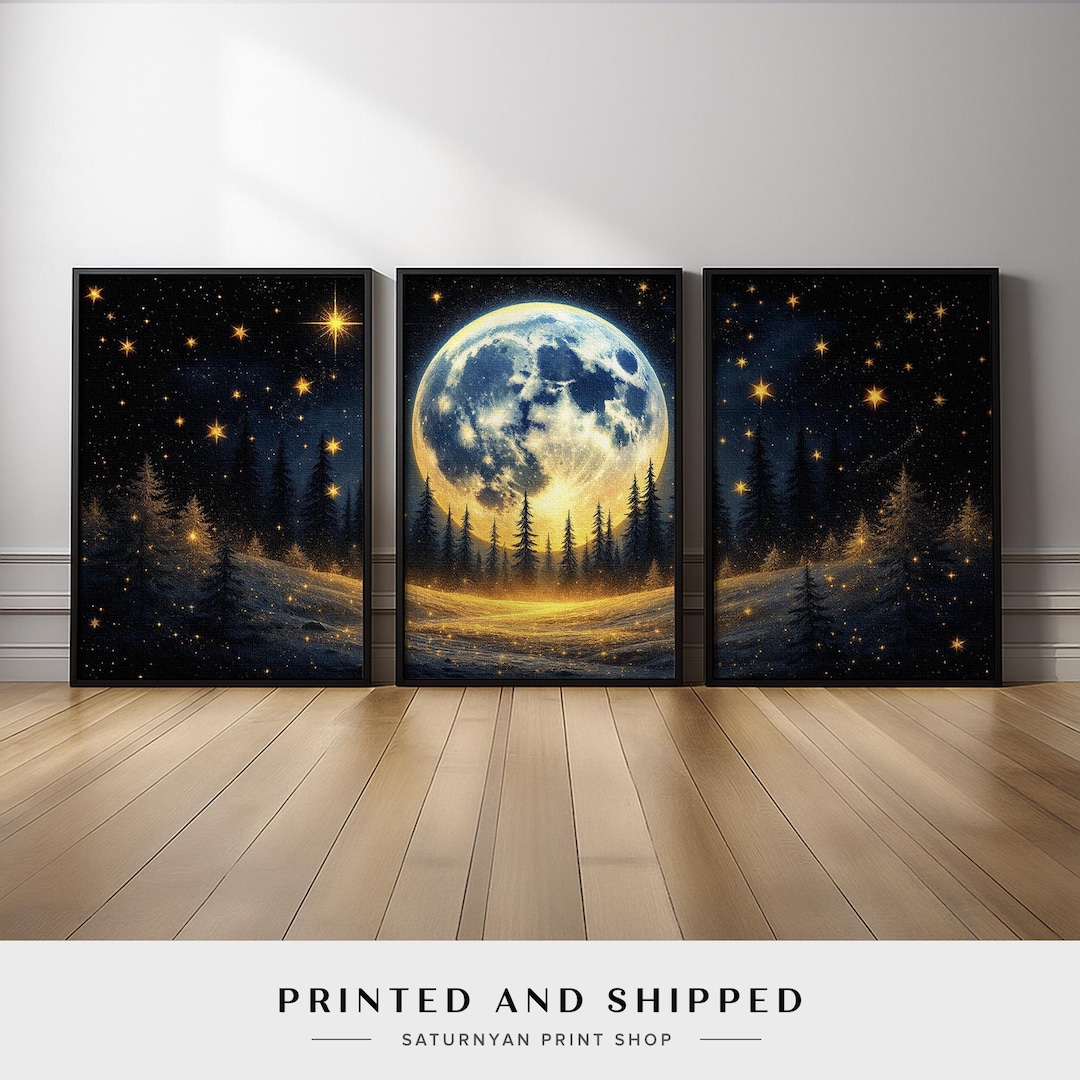 Celestial Forest Wall Art Set of 3 | Glowing Full Moon and Starry Night ...