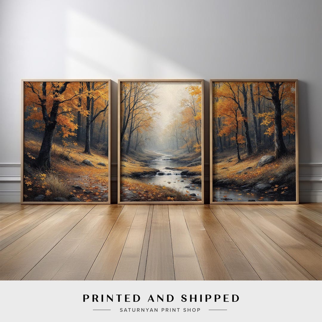 Fall Landscape Wall Art Triptych | Golden Forest and Creek Canvas ...