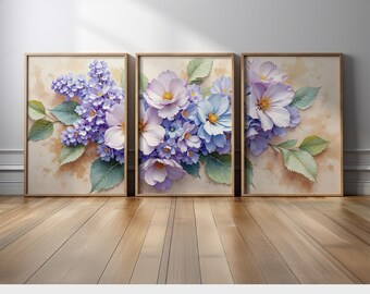 Purple Blue Botanical Canvas Print Wall Art | Pastel Flower Triptych | Elegant Floral Wall Decor for Home Living Room Bedroom Office