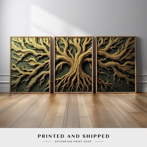 May include: Three framed art prints featuring a stylized tree design. The artwork has a textured, layered appearance with gold-colored branches and roots against a dark green background. The frames are a light wood color. The text "PRINTED AND SHIPPED" is at the bottom.