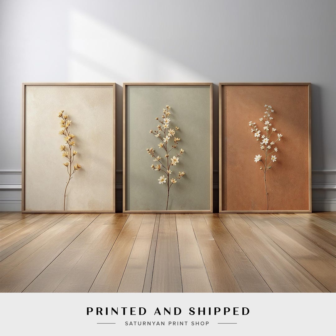 Minimalist Botanical Wall Art | Neutral Floral Prints Set of 3 | Modern ...