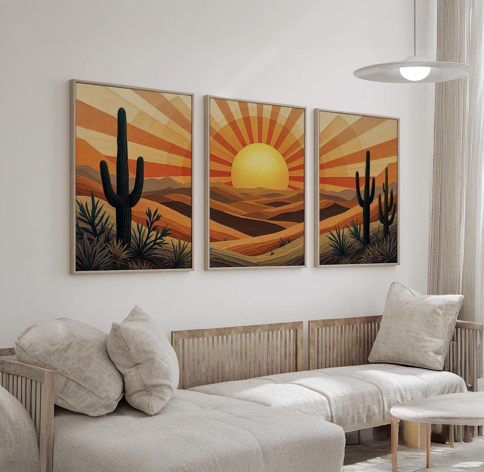 Desert Sunset Wall Art Set of 3 With Cactus and Sun | Boho Southwest ...
