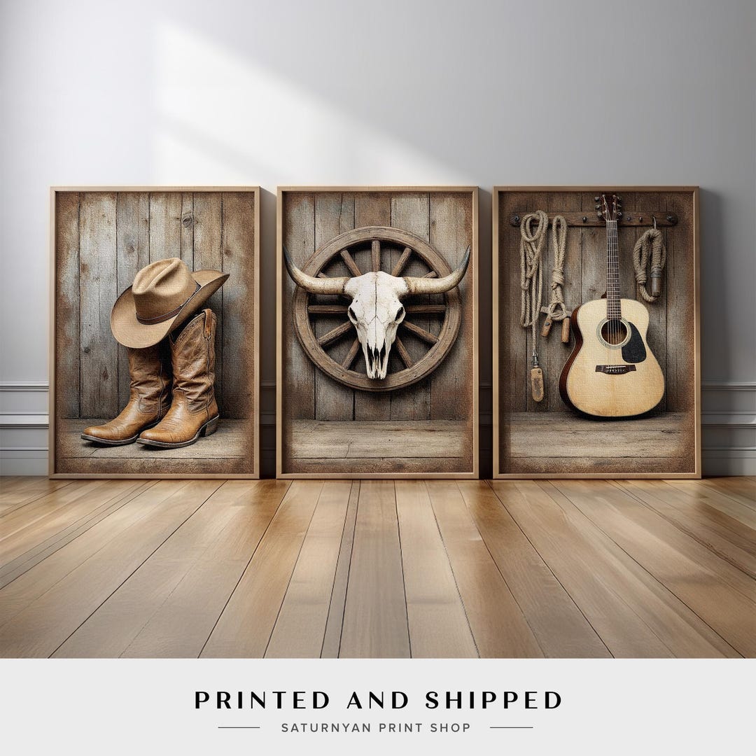 Western Cowboy Triptych Wall Art Set of 3 | Rustic Country Canvas ...