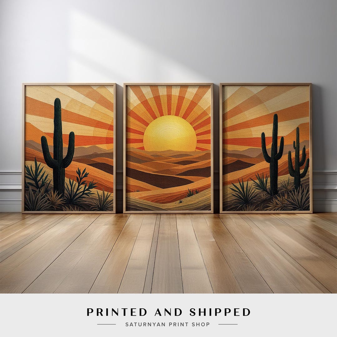 Desert Sunset Wall Art Set of 3 With Cactus and Sun | Boho Southwest ...