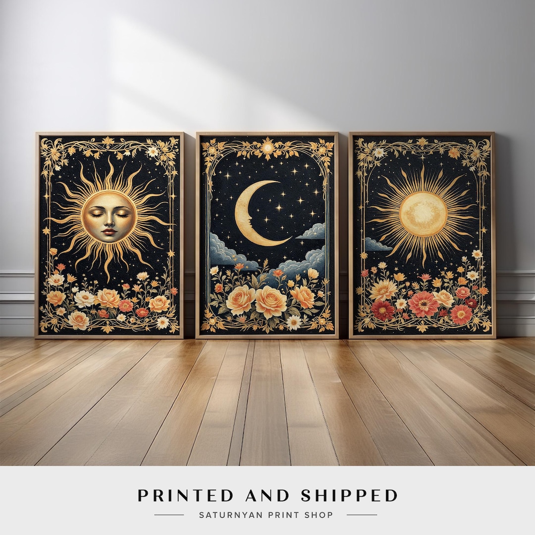Celestial Sun and Moon Wall Art Set, Boho Cosmic Starry Night Print ...