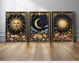 Celestial Sun and Moon Wall Art Set, Boho Cosmic Starry Night Print, Vintage Sun Face Prints, Mystical Astrology Decor, Moon Phases Art