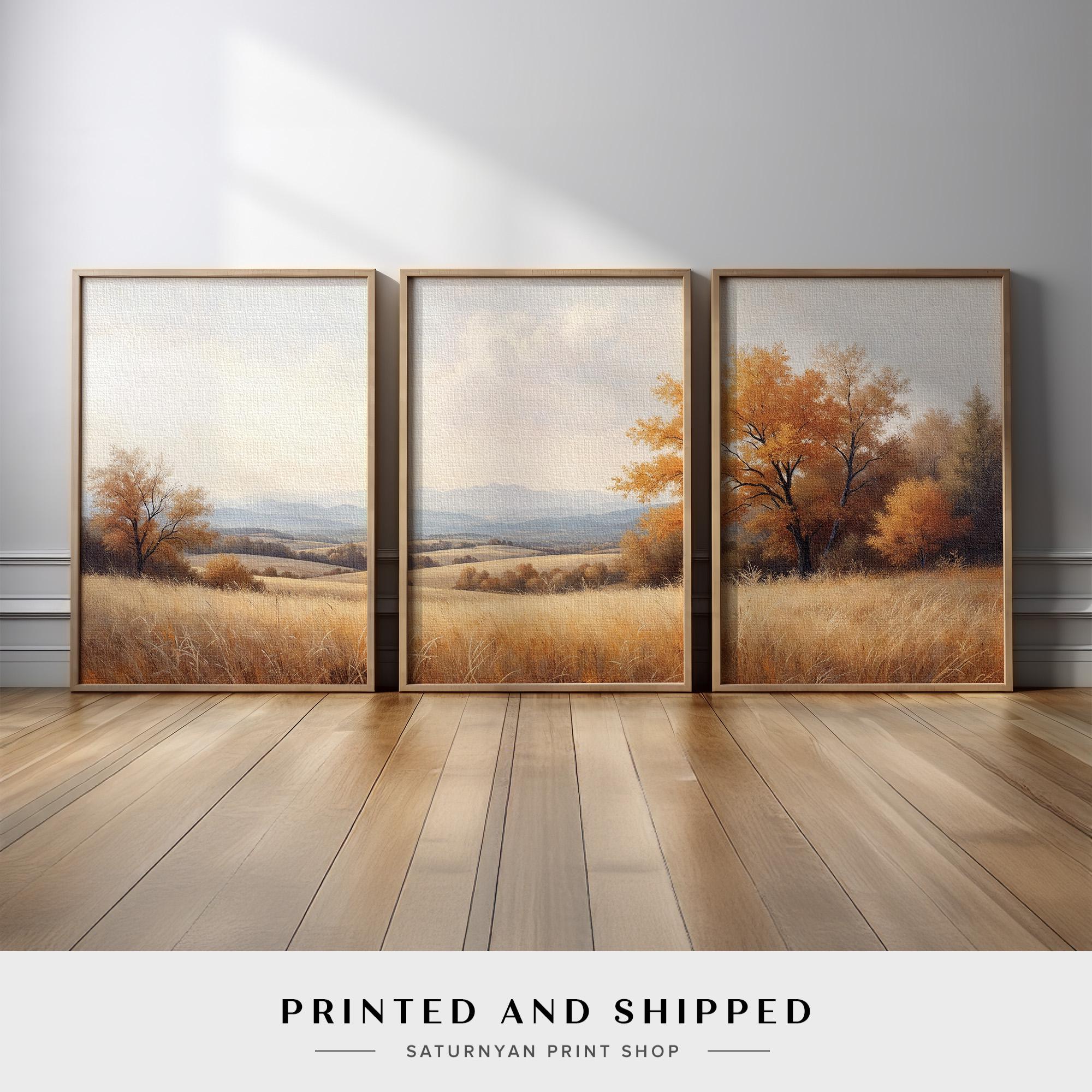 Rustic Landscape Wall Art Set of 3 | Autumn Fields and Trees Canvas ...