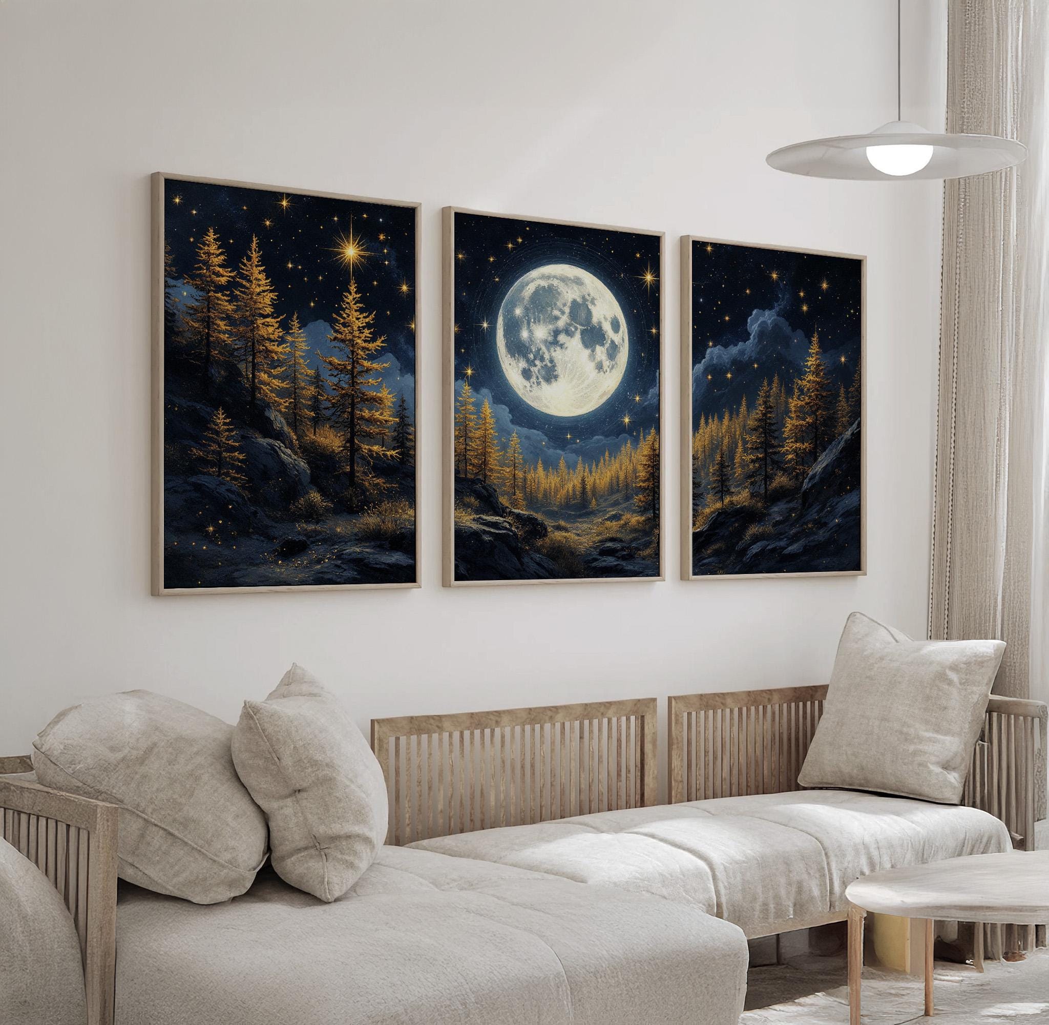 Moonlit Forest Wall Art Set of 3 | Full Moon Over Golden Pine Trees and ...