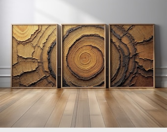 Wood Grain Abstract Canvas Wall Art Set of 3 | Tree Rings and Cracks Triptych Prints in Warm Earth Tones | Rustic Contemporary Nature Decor