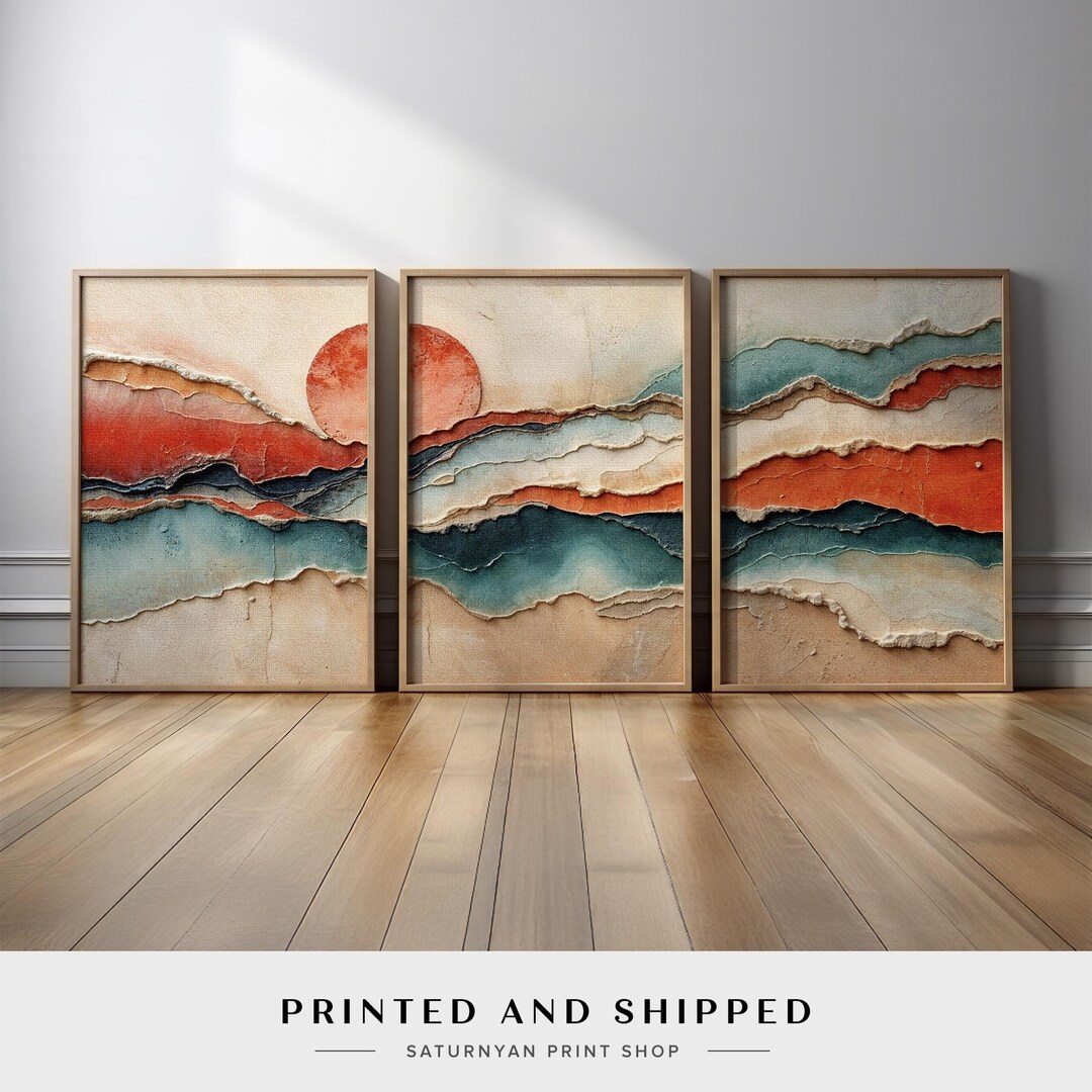 Abstract Sunset Landscape Wall Art Set of 3 | Terracotta and Teal ...