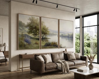 Serene Lake Landscape Wall Art Set of 3 | Green Tree Canvas Print | Soft Pastel Countryside Triptych | Neutral Nature Wall Decor
