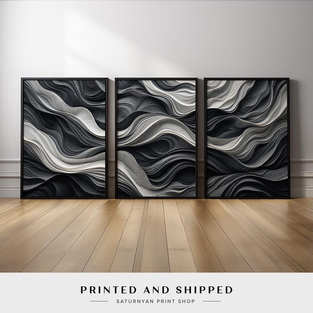 Black and White Abstract Wall Art Set of 3 | Modern Monochrome Flowing ...