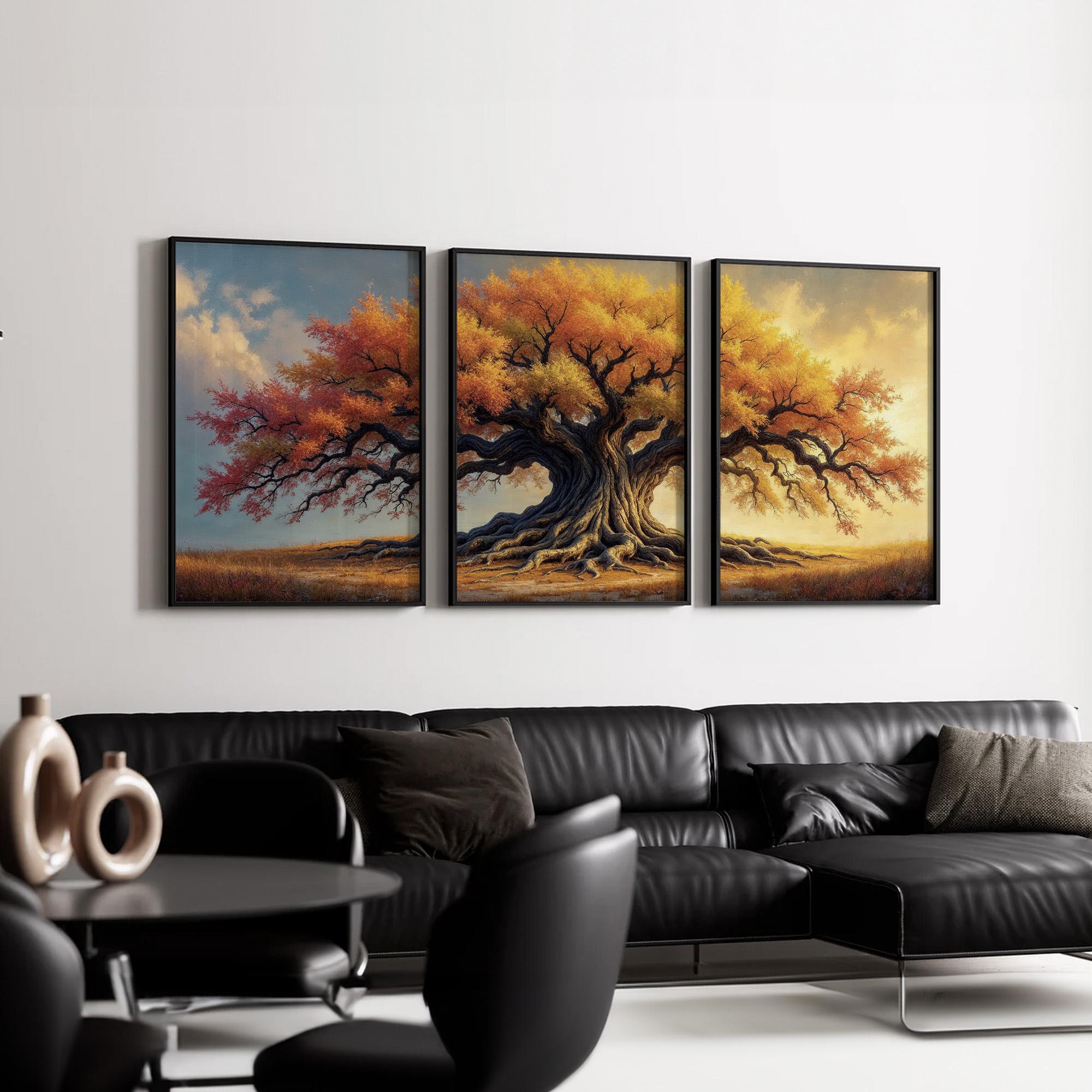 Rustic Autumn Tree Wall Art Triptych | Golden and Orange Foliage Canvas ...