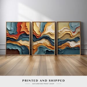 Organic Flowing Abstract Wall Art Triptych | Set of 3 Colorful Canvas Print with Blue, Beige, Rust, and Yellow Tones | Modern Organic Decor