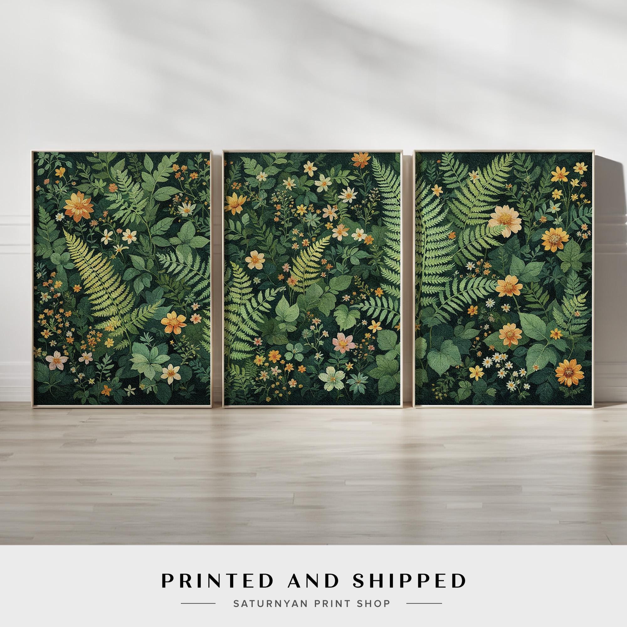 アート　PRETTY GREEN Prints 「Pocket Full」 Botanical Wall Art Set of 3 | Lush Green Floral Triptych Canvas