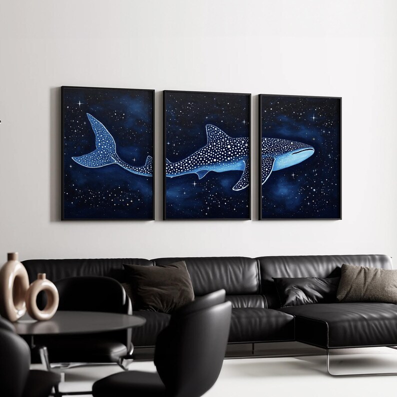 Whale Shark Wall Art Triptych | Celestial Ocean Animal Canvas Set of 3 ...