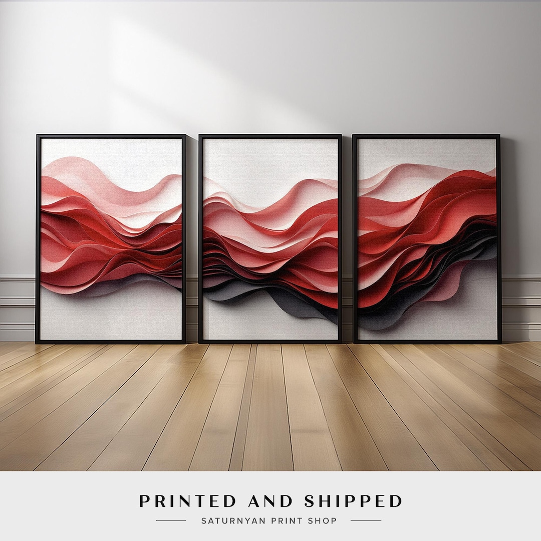 Red Abstract Wave Wall Art Set of 3 | Black White Modern Canvas Prints ...