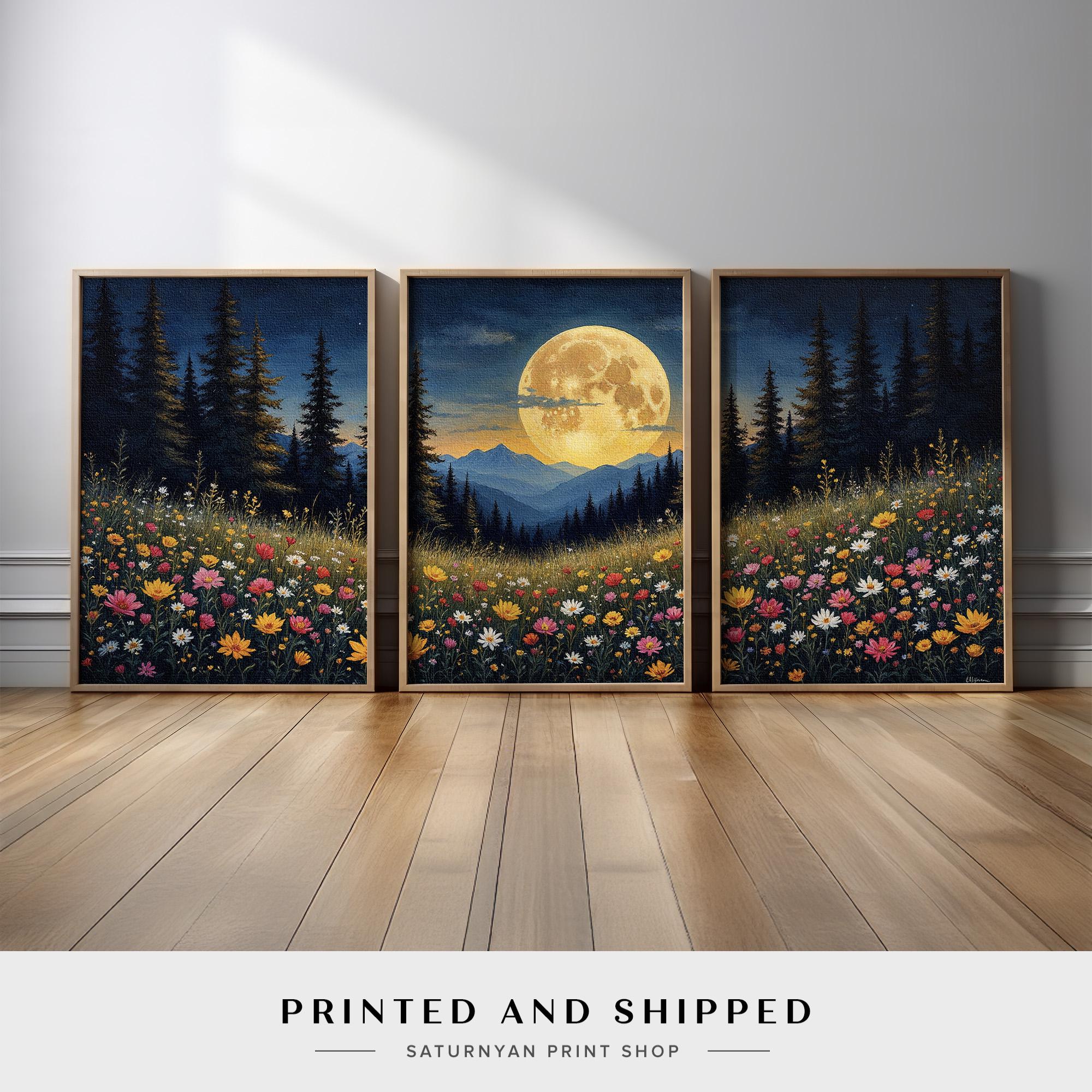 Landscape Wall Art Set | Moonlit Flower Meadow Triptych With Pine Trees ...