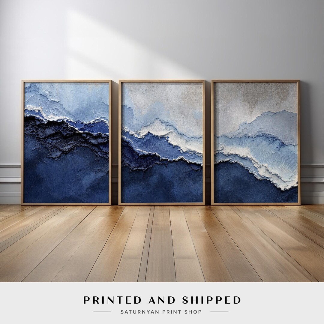 Blue White Ocean Abstract Wall Art Set of 3 | Wave-inspired Canvas ...