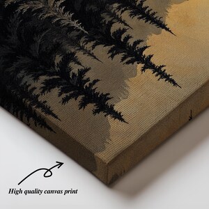 May include: A canvas print featuring a stylized image of a forest with dark trees against a light brown background. The trees are depicted in a fractal pattern, creating a sense of depth and texture.