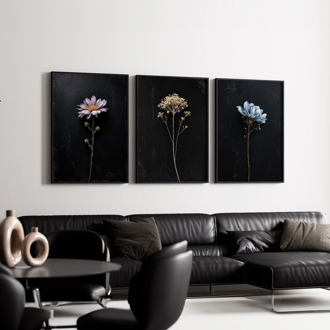 Minimalist Floral Wall Art Set - Elegant Black Background Triptych ...