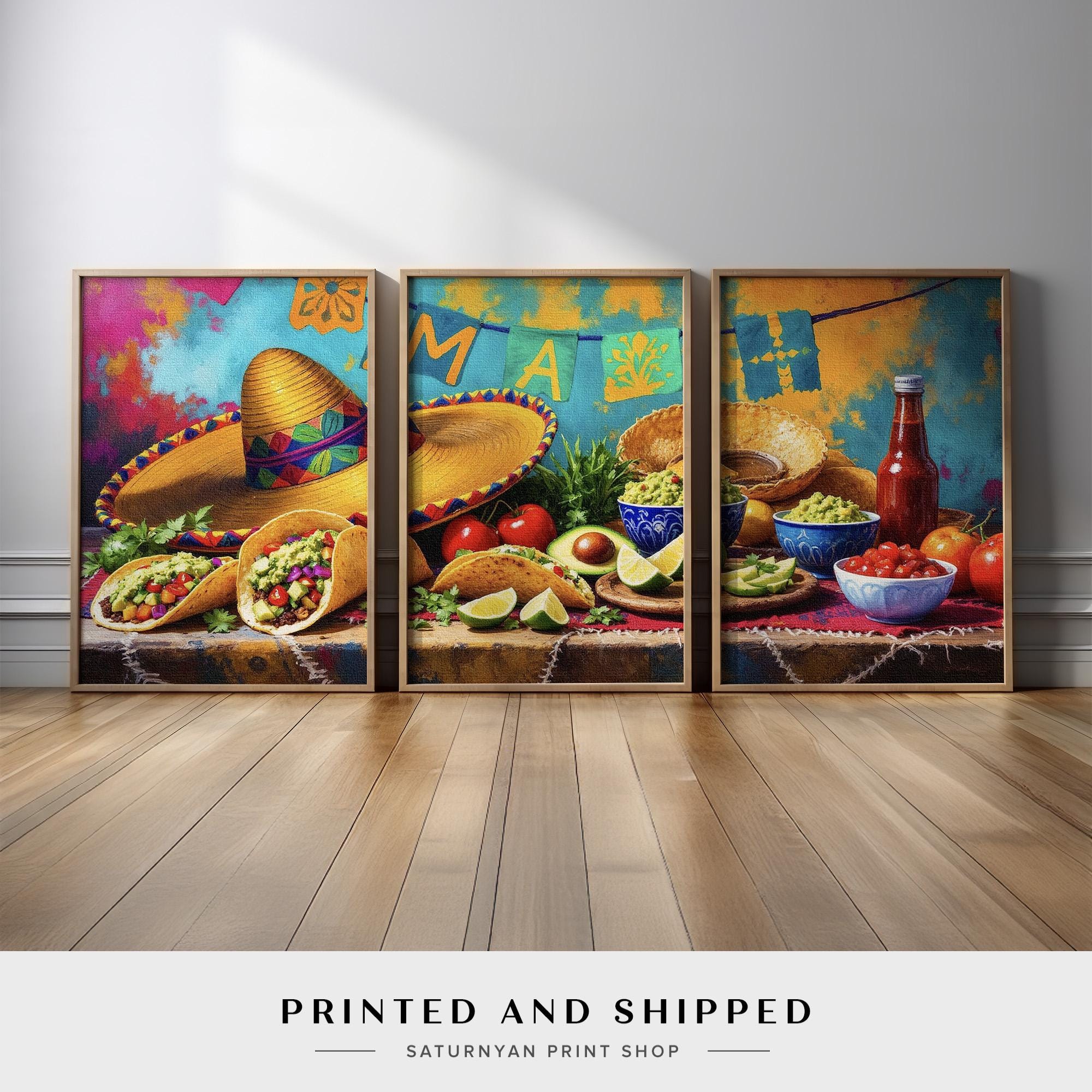 Mexican Kitchen Wall Art Set of 3 | colorful Taco and Guacamole Canvas ...