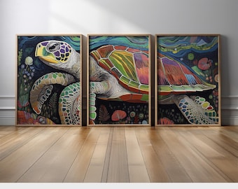 Set of 3 Turtle Wall Art |  Sea Turtle Paintings | Coastal Beach Canvas Prints | Ocean-Inspired Poster Art for Living Room, Bedroom, Office