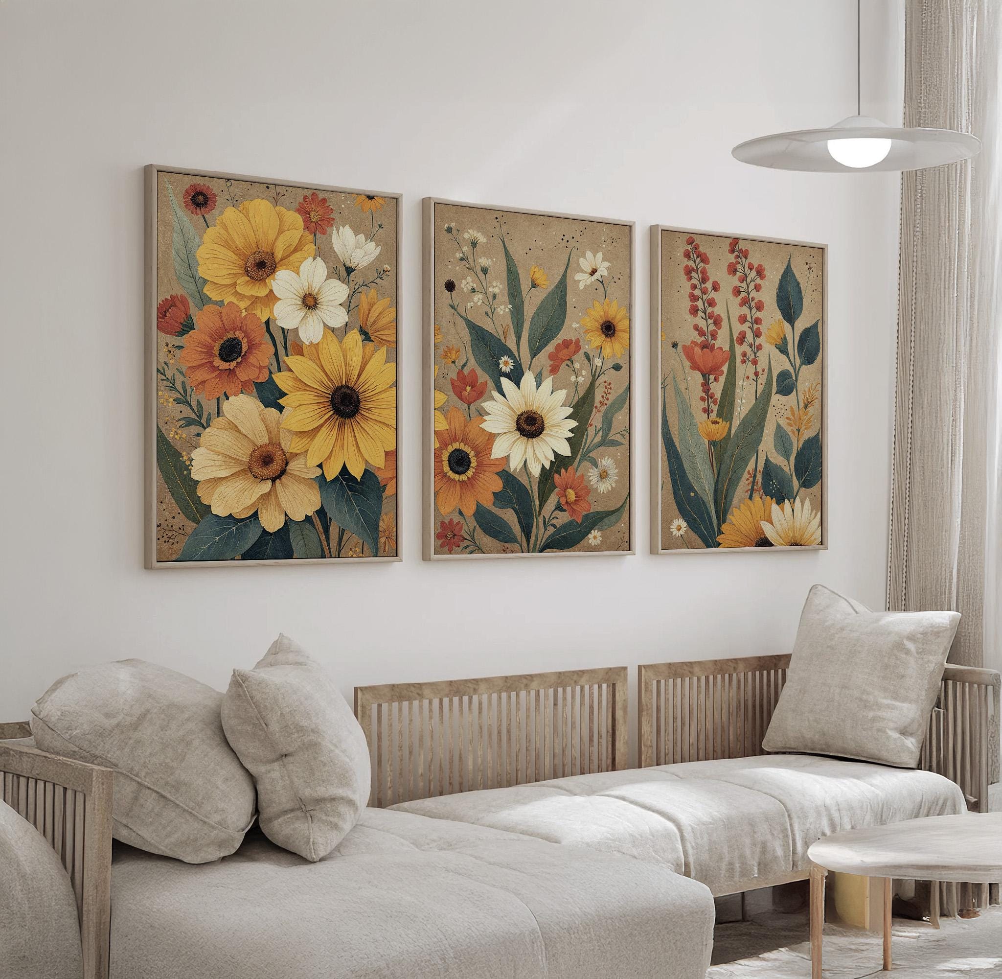Vintage Wildflower Wall Art Set of 3, Earth Tone Botanical Prints With ...