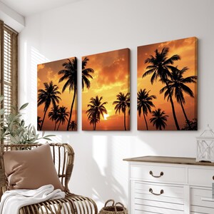 Palm Tree Sunset Wall Art Set of 3 | Tropical Beach Canvas Print ...