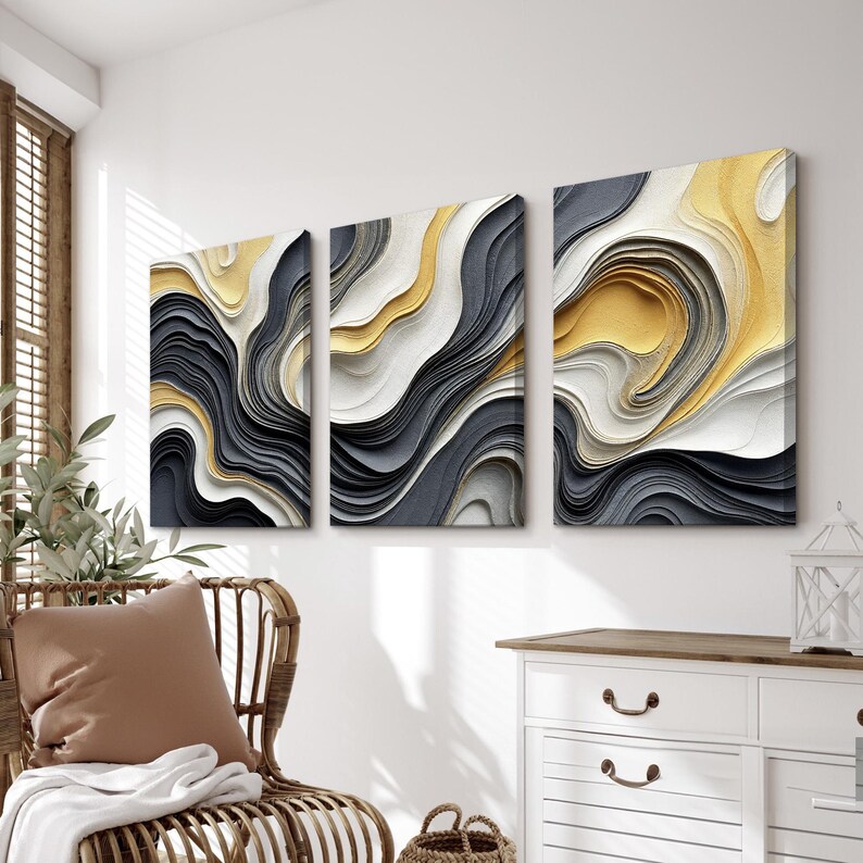 Modern Abstract Flow Wall Art | Black White Gold Gray Wave Canvas or ...