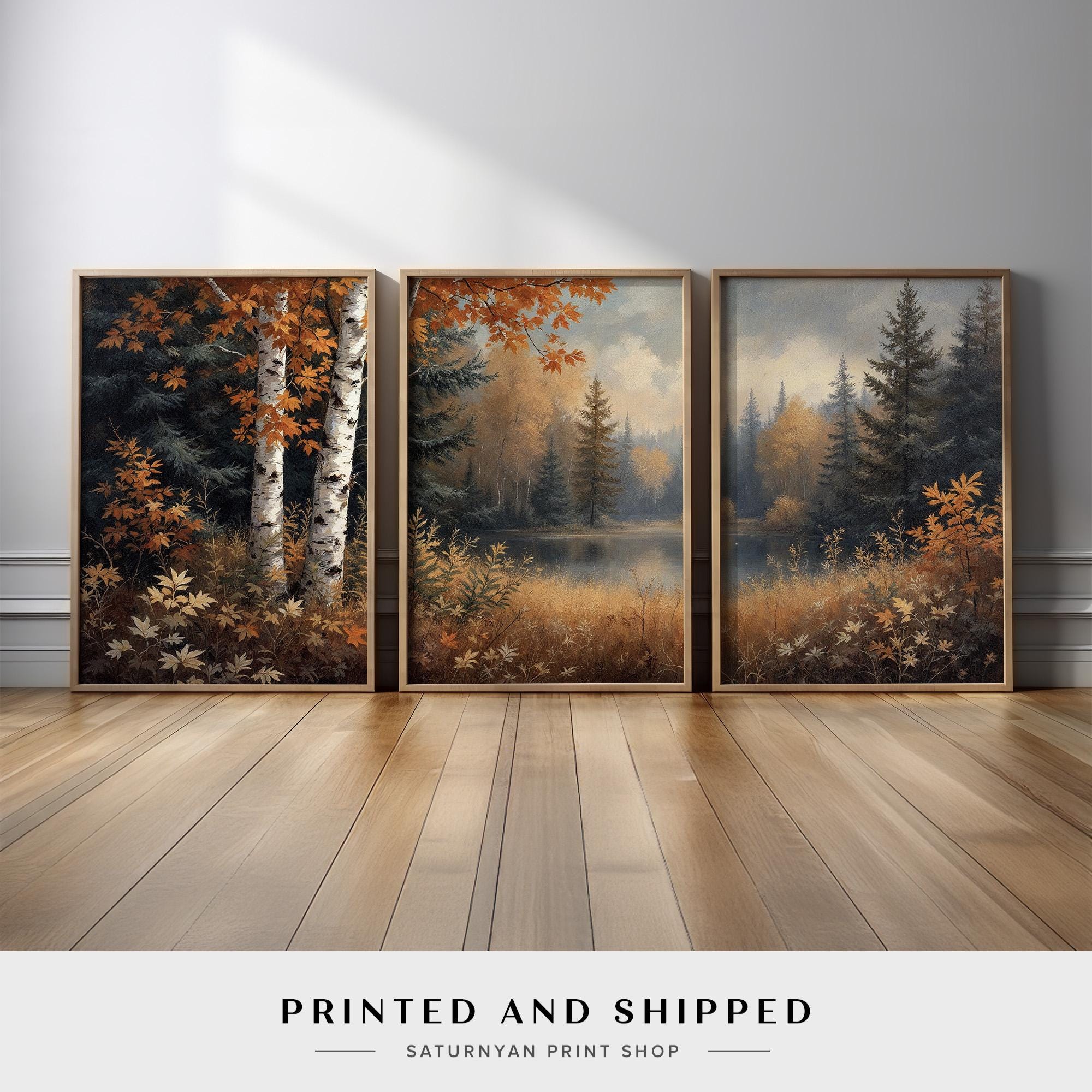 Autumn Forest Lake Wall Art Triptych | Fall Birch Trees and Pines ...
